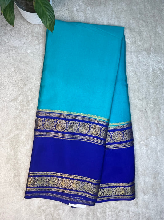 Pure Crepe Mysore Silk 3D Saree In Blue With Royal Blue Contrast Color Blouse
