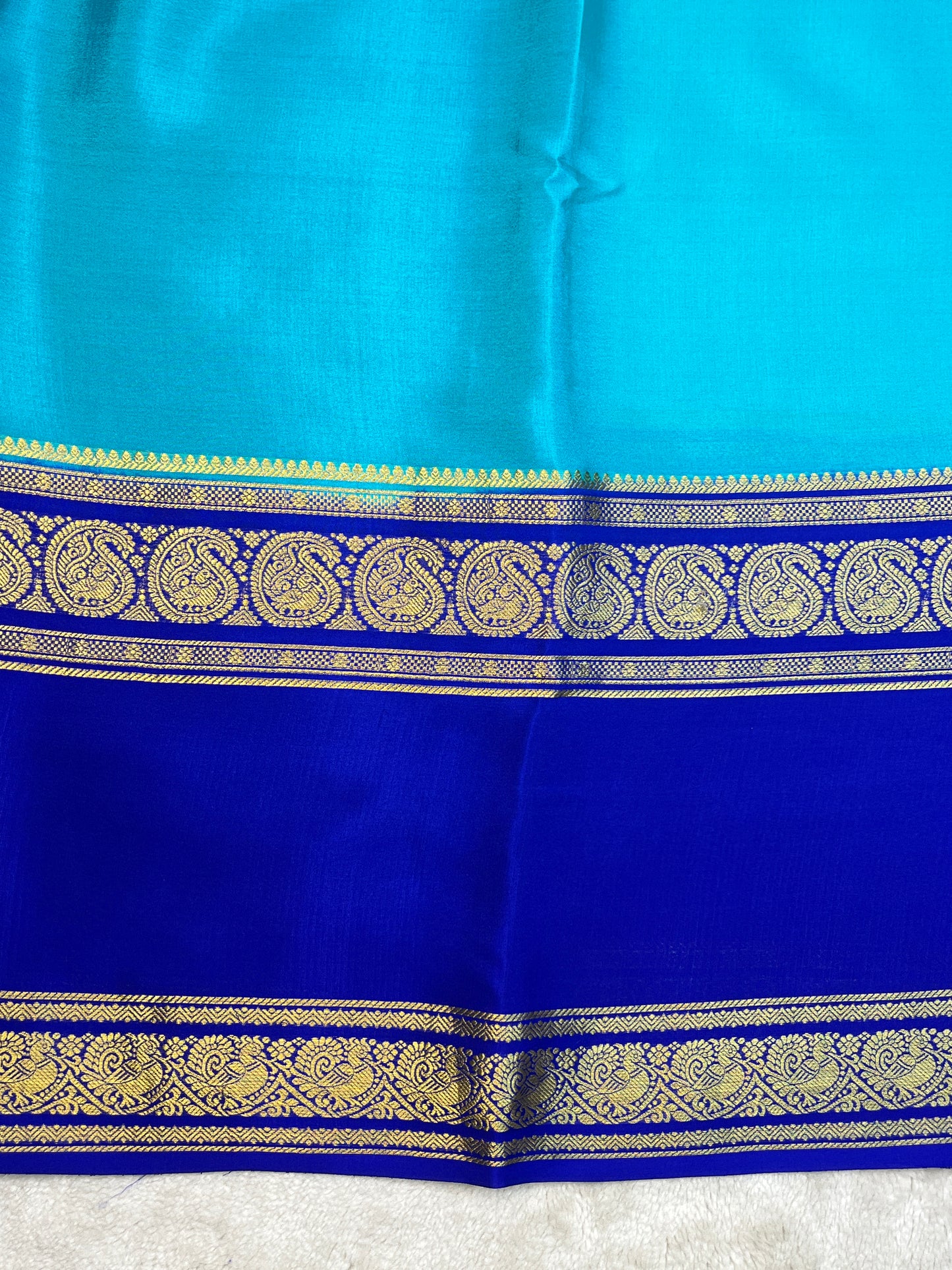 Pure Crepe Mysore Silk 3D Saree In Blue With Royal Blue Contrast Color Blouse