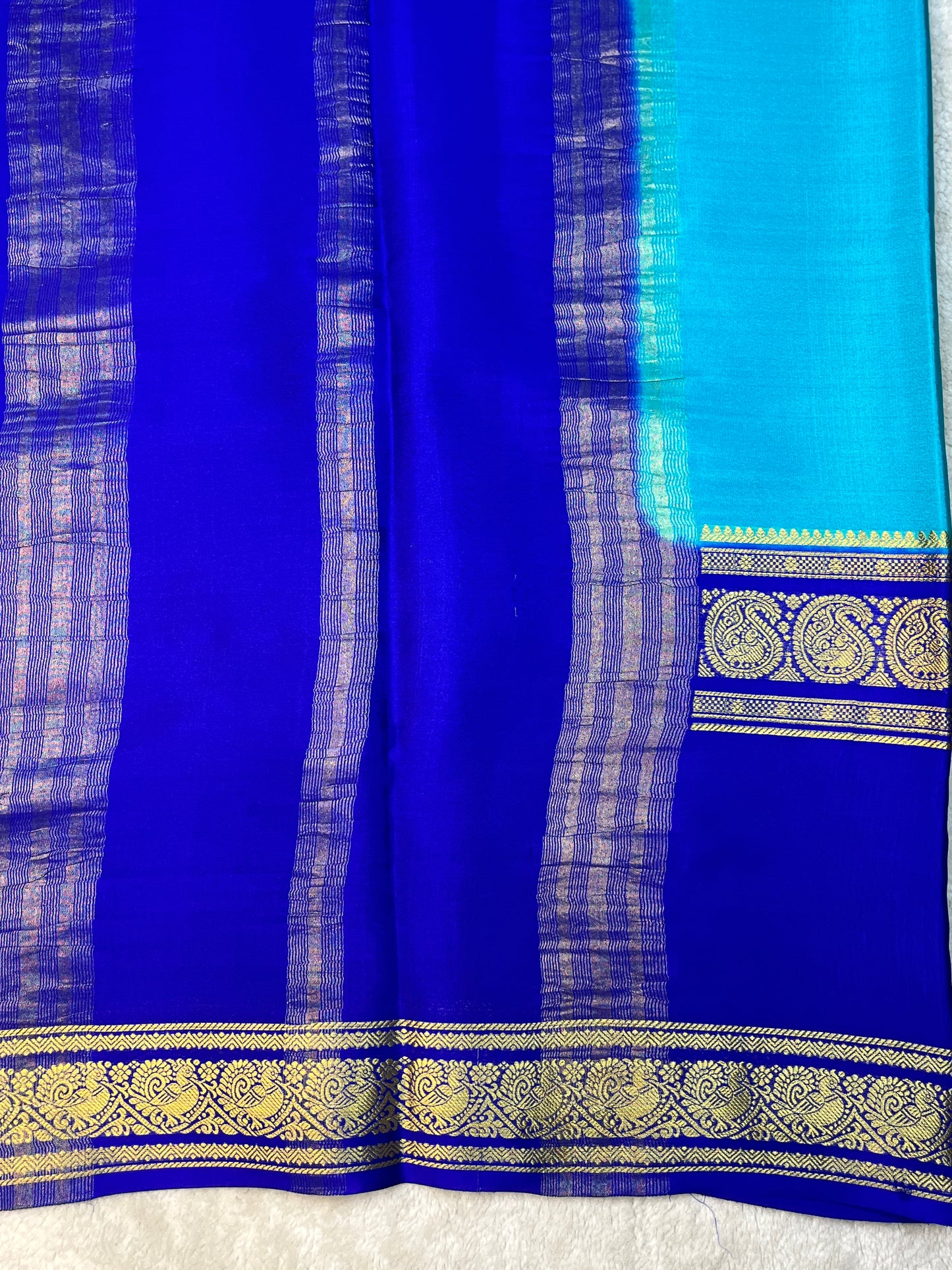 Pure Crepe Mysore Silk 3D Saree In Blue With Royal Blue Contrast Color Blouse