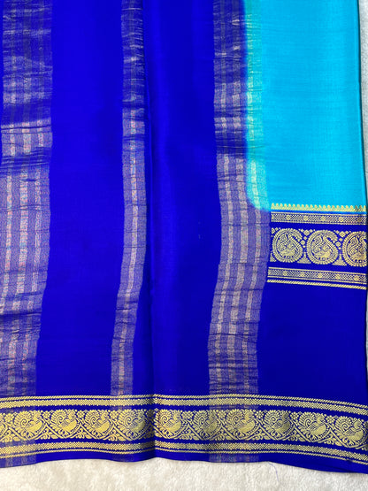 Pure Crepe Mysore Silk 3D Saree In Blue With Royal Blue Contrast Color Blouse