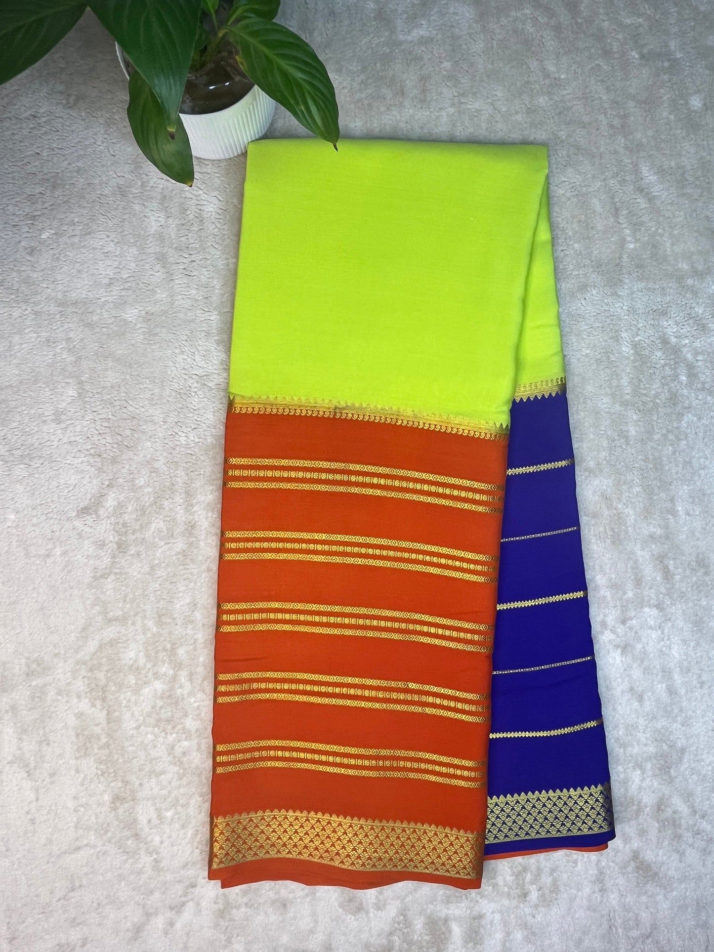 Pure Crepe Mysore Silk 3D Saree In Blue , Parrot Green With Orange Contrast Color Blouse