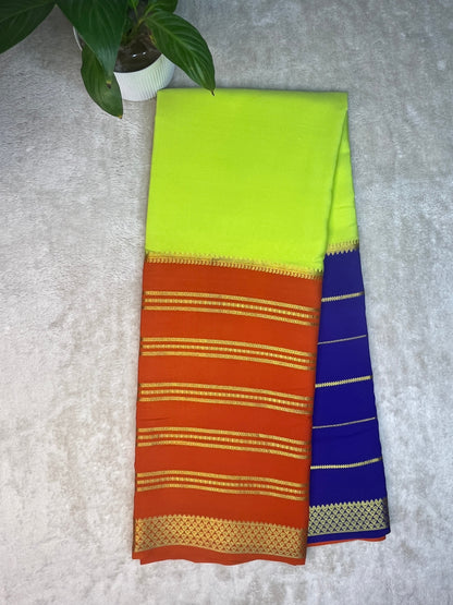 Pure Crepe Mysore Silk 3D Saree In Blue , Parrot Green With Orange Contrast Color Blouse