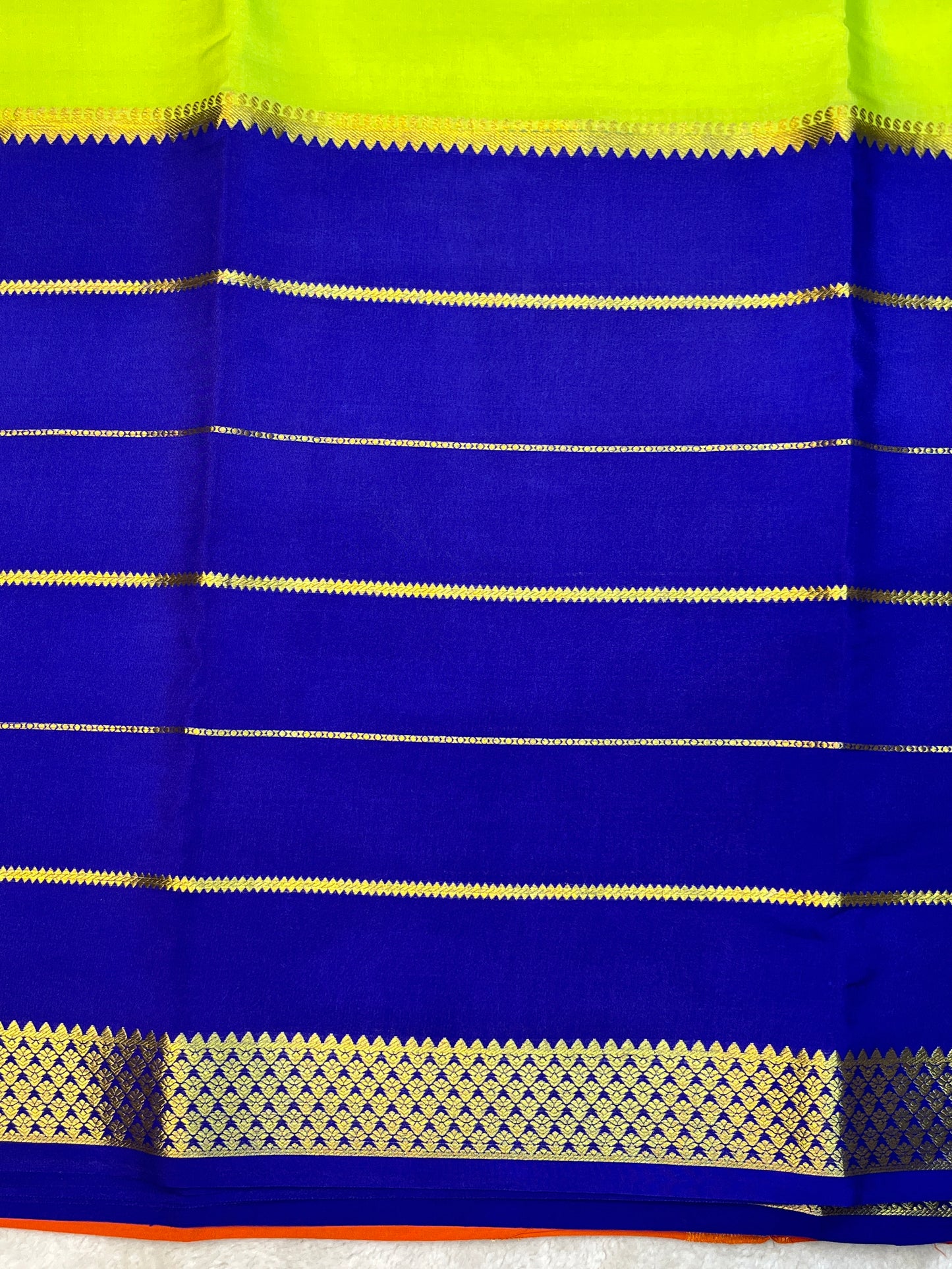 Pure Crepe Mysore Silk 3D Saree In Blue , Parrot Green With Orange Contrast Color Blouse