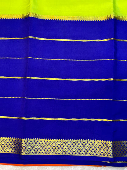 Pure Crepe Mysore Silk 3D Saree In Blue , Parrot Green With Orange Contrast Color Blouse