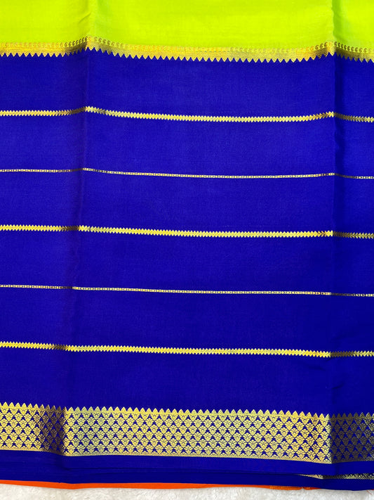 Pure Crepe Mysore Silk 3D Saree In Blue , Parrot Green With Orange Contrast Color Blouse