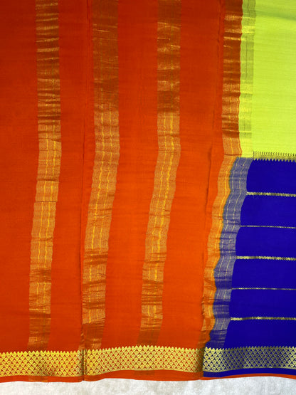 Pure Crepe Mysore Silk 3D Saree In Blue , Parrot Green With Orange Contrast Color Blouse