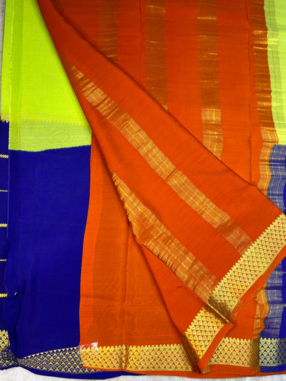 Pure Crepe Mysore Silk 3D Saree In Blue , Parrot Green With Orange Contrast Color Blouse