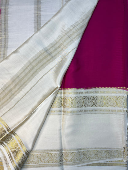 Pure Crepe Mysore Silk 3D Saree In Pink With White Contrast Color Blouse