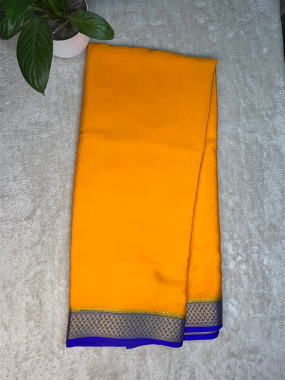 Pure Crepe Mysore Silk Saree In Yellow & Royal Blue contrast border-16271501