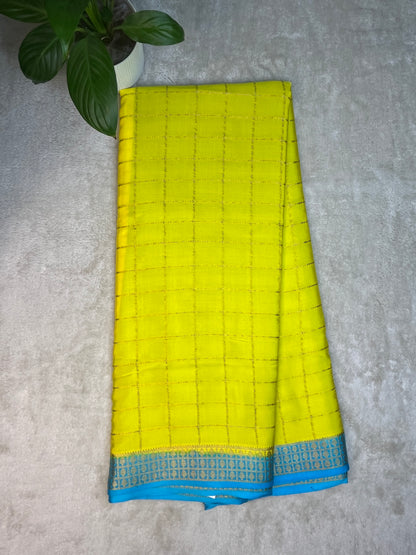 Pure Mysure Silk Saree In Yellow Checks With Blue Pallu Checks Contrast Color Blouse
