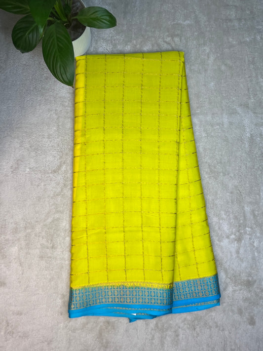 Pure Mysure Silk Saree In Yellow Checks With Blue Pallu Checks Contrast Color Blouse