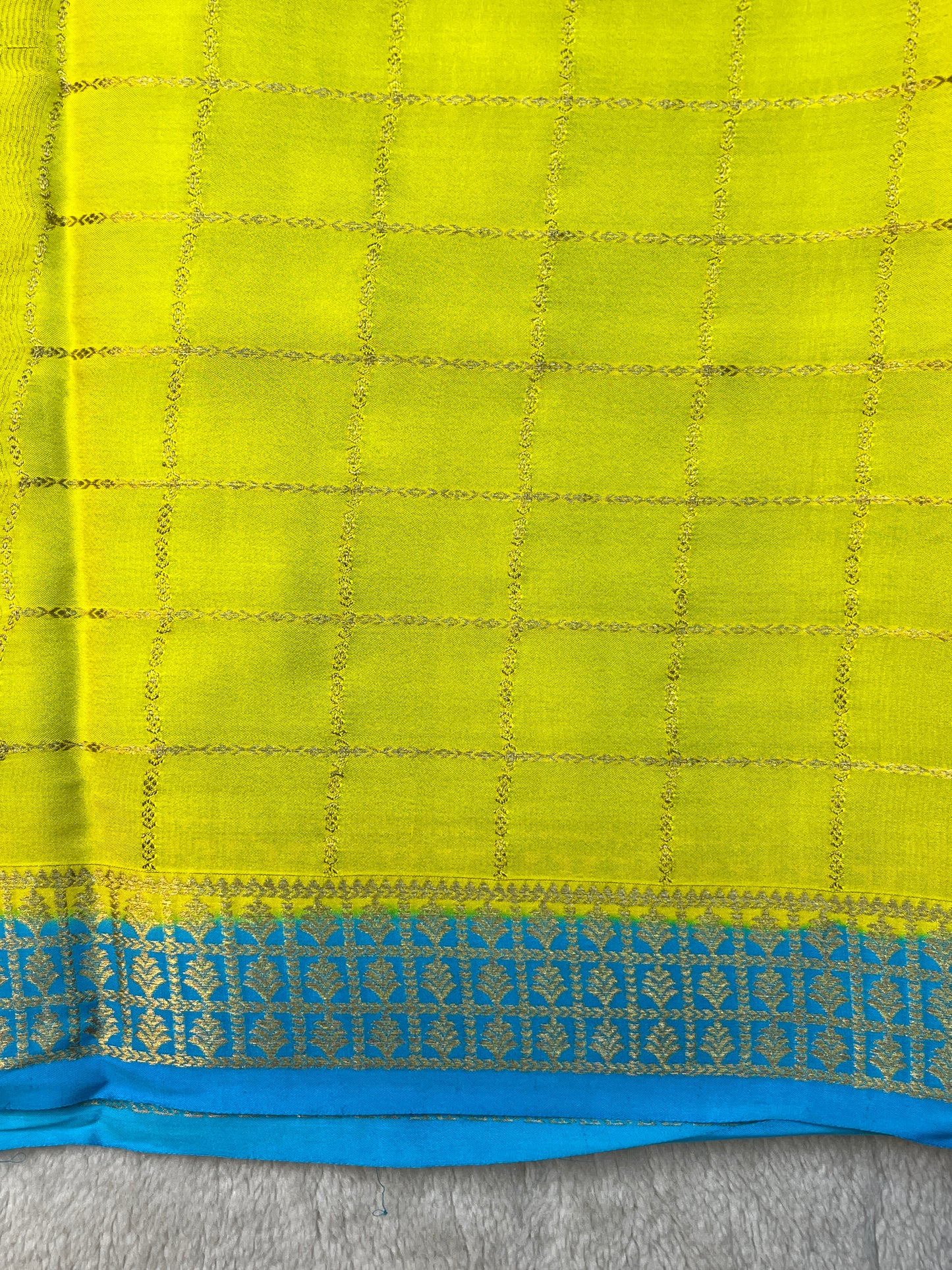Pure Mysure Silk Saree In Yellow Checks With Blue Pallu Checks Contrast Color Blouse