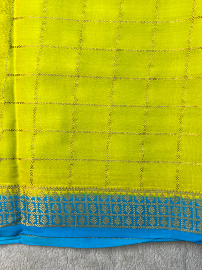 Pure Mysure Silk Saree In Yellow Checks With Blue Pallu Checks Contrast Color Blouse