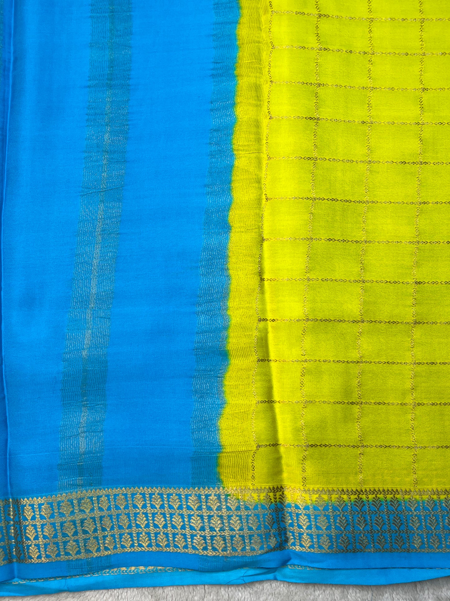 Pure Mysure Silk Saree In Yellow Checks With Blue Pallu Checks Contrast Color Blouse