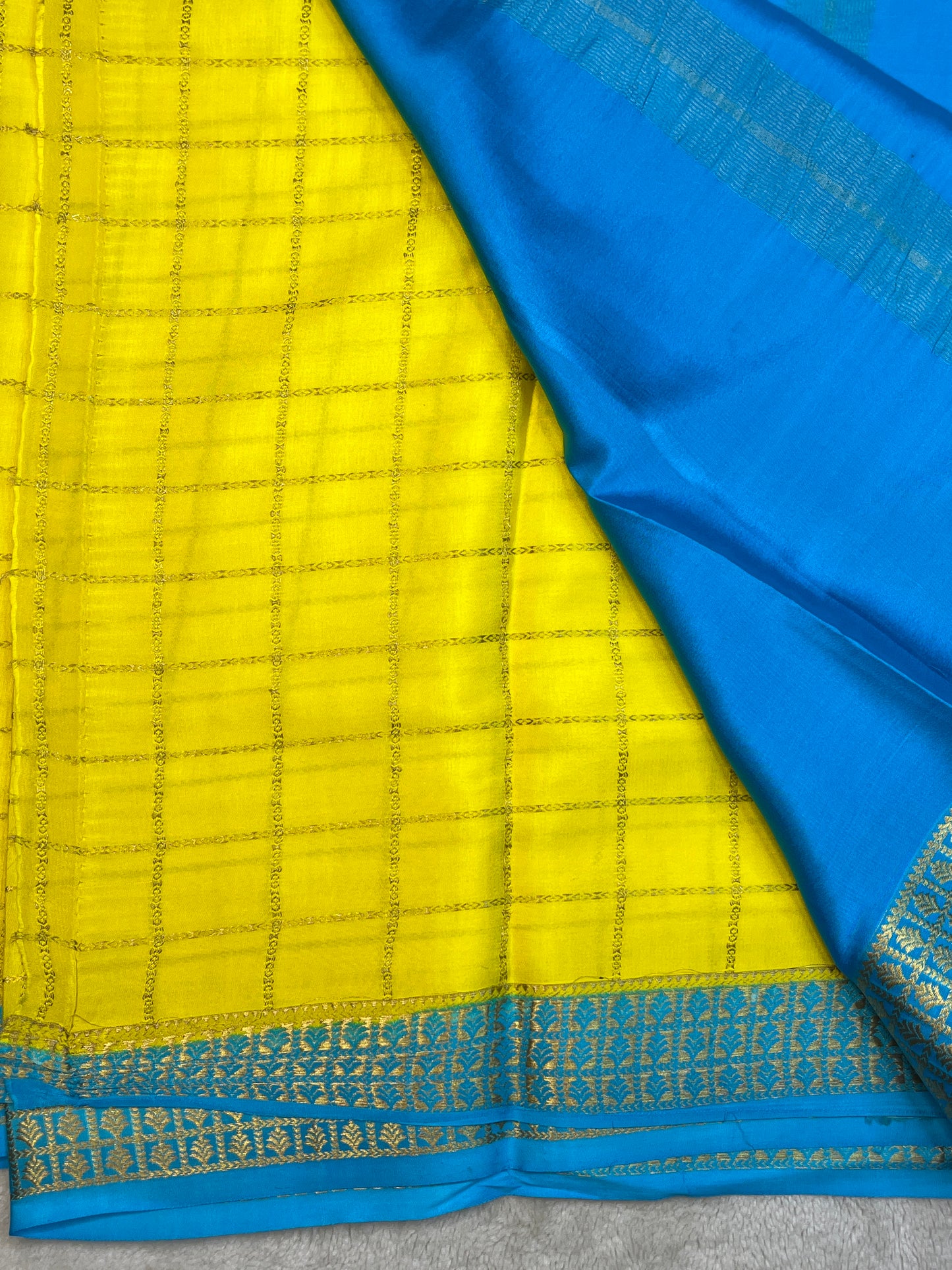 Pure Mysure Silk Saree In Yellow Checks With Blue Pallu Checks Contrast Color Blouse