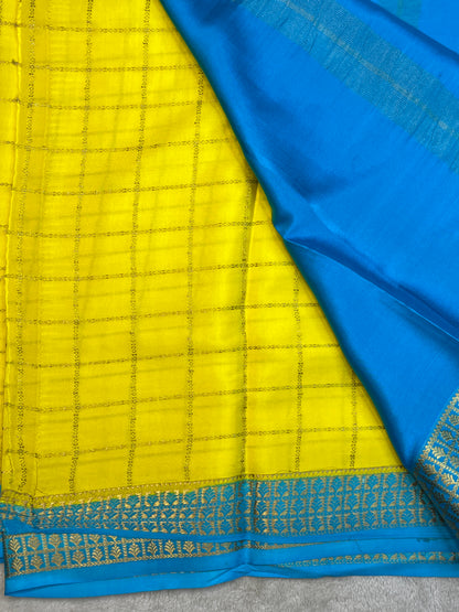 Pure Mysure Silk Saree In Yellow Checks With Blue Pallu Checks Contrast Color Blouse