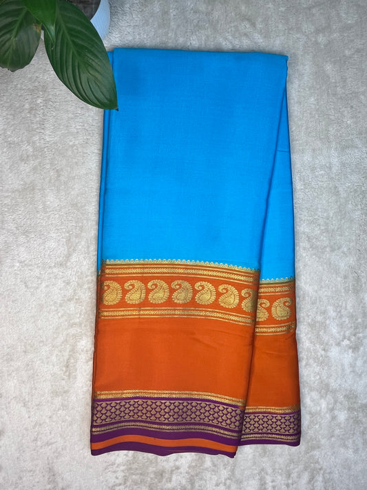Pure Crepe Mysore Silk 3D Saree In Blue with Orange Contrast Blouse