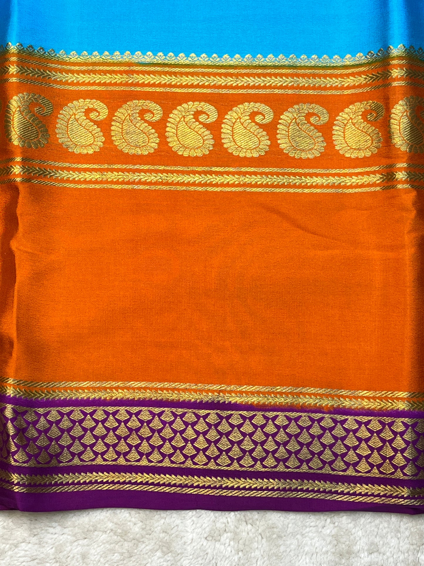 Pure Crepe Mysore Silk 3D Saree In Blue with Orange Contrast Blouse