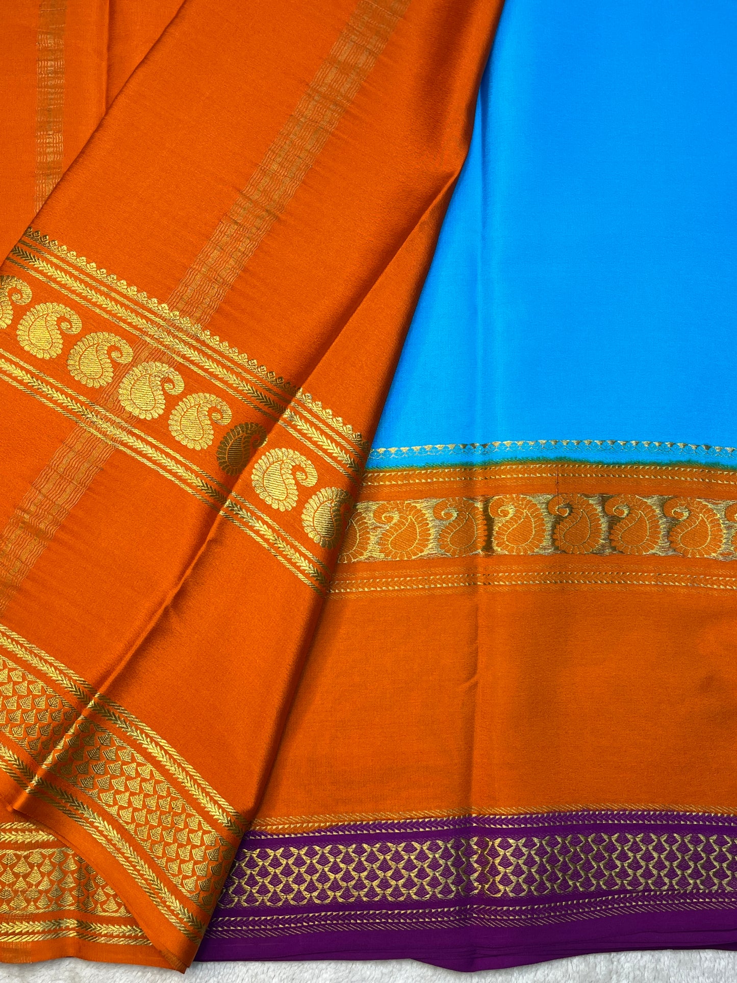 Pure Crepe Mysore Silk 3D Saree In Blue with Orange Contrast Blouse