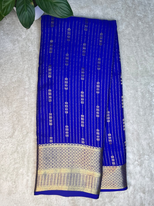 Pure Mysore Silk Saree Heavy Mungi Checks With Navy Blue Butta Mix Border In Self Blouse