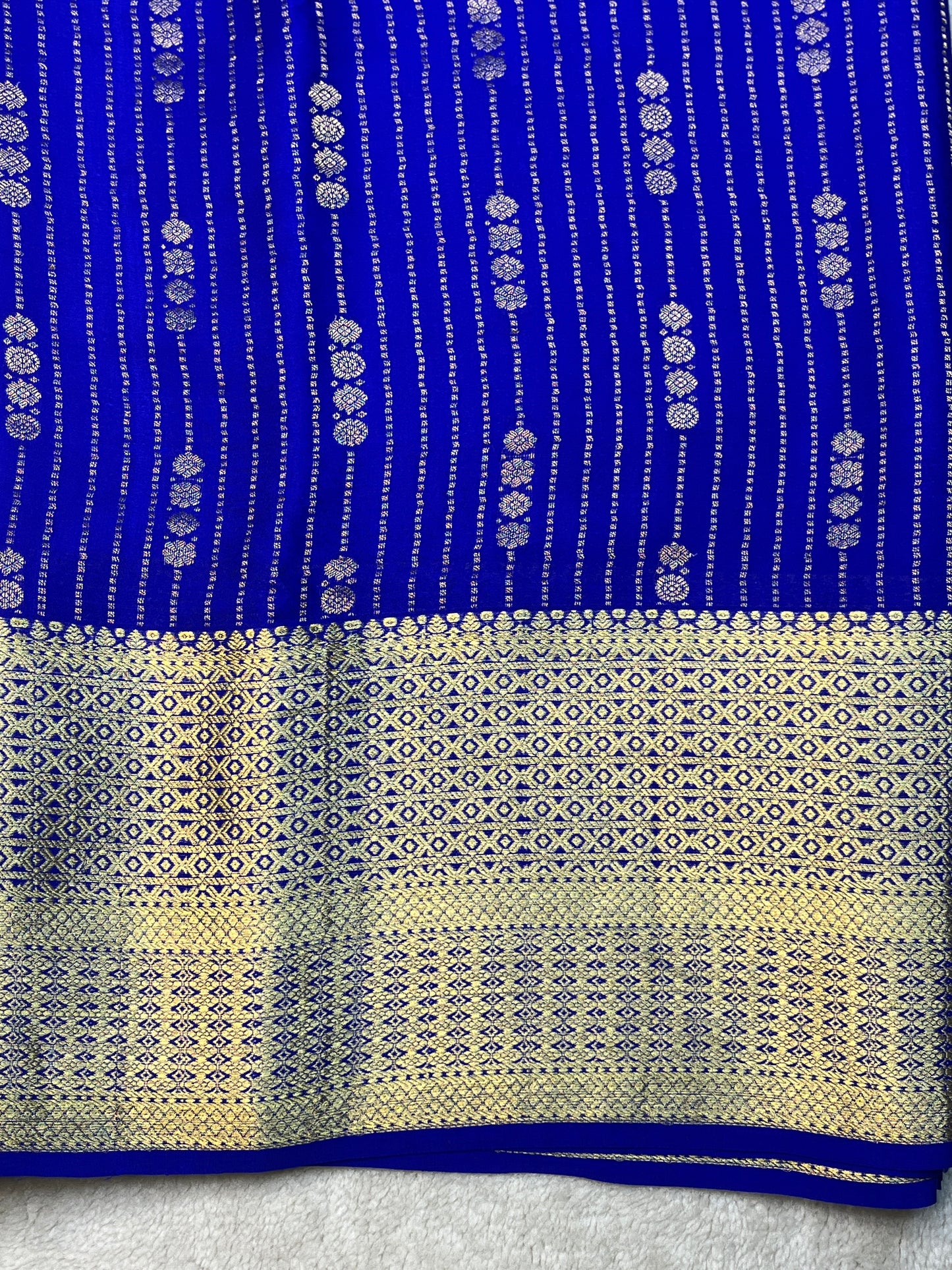 Pure Mysore Silk Saree Heavy Mungi Checks With Navy Blue Butta Mix Border In Self Blouse
