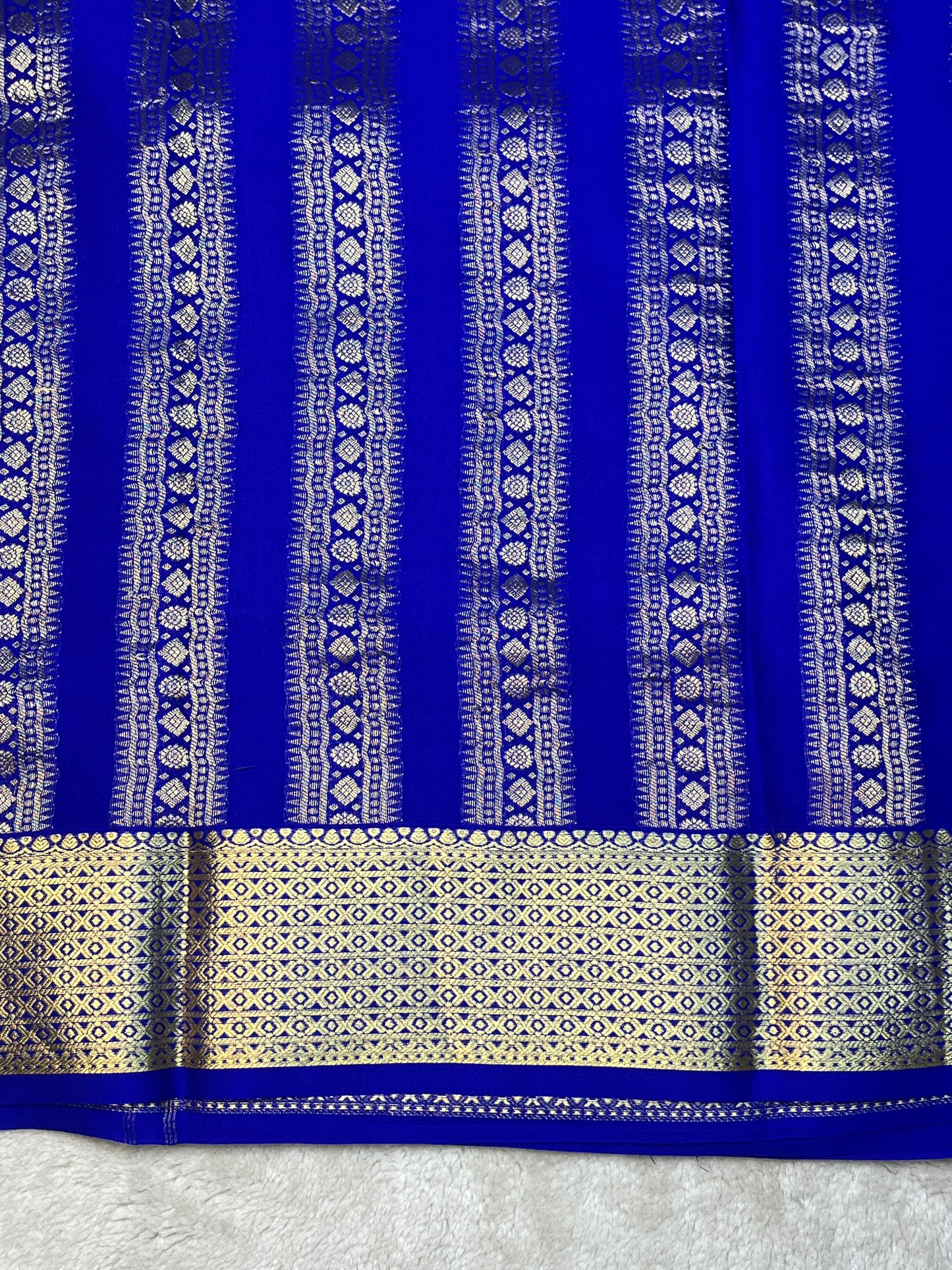 Pure Mysore Silk Saree Heavy Mungi Checks With Navy Blue Butta Mix Border In Self Blouse