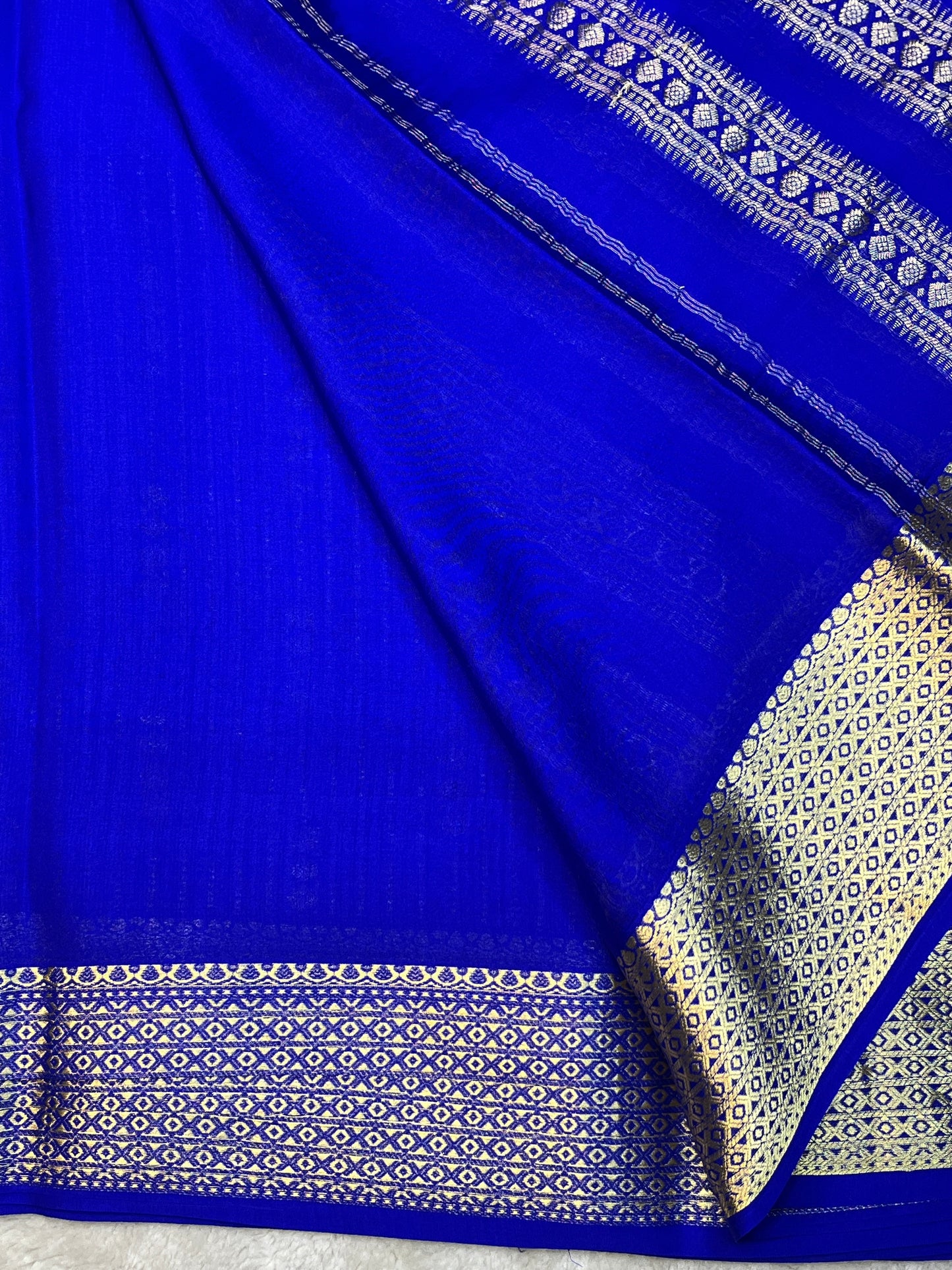 Pure Mysore Silk Saree Heavy Mungi Checks With Navy Blue Butta Mix Border In Self Blouse
