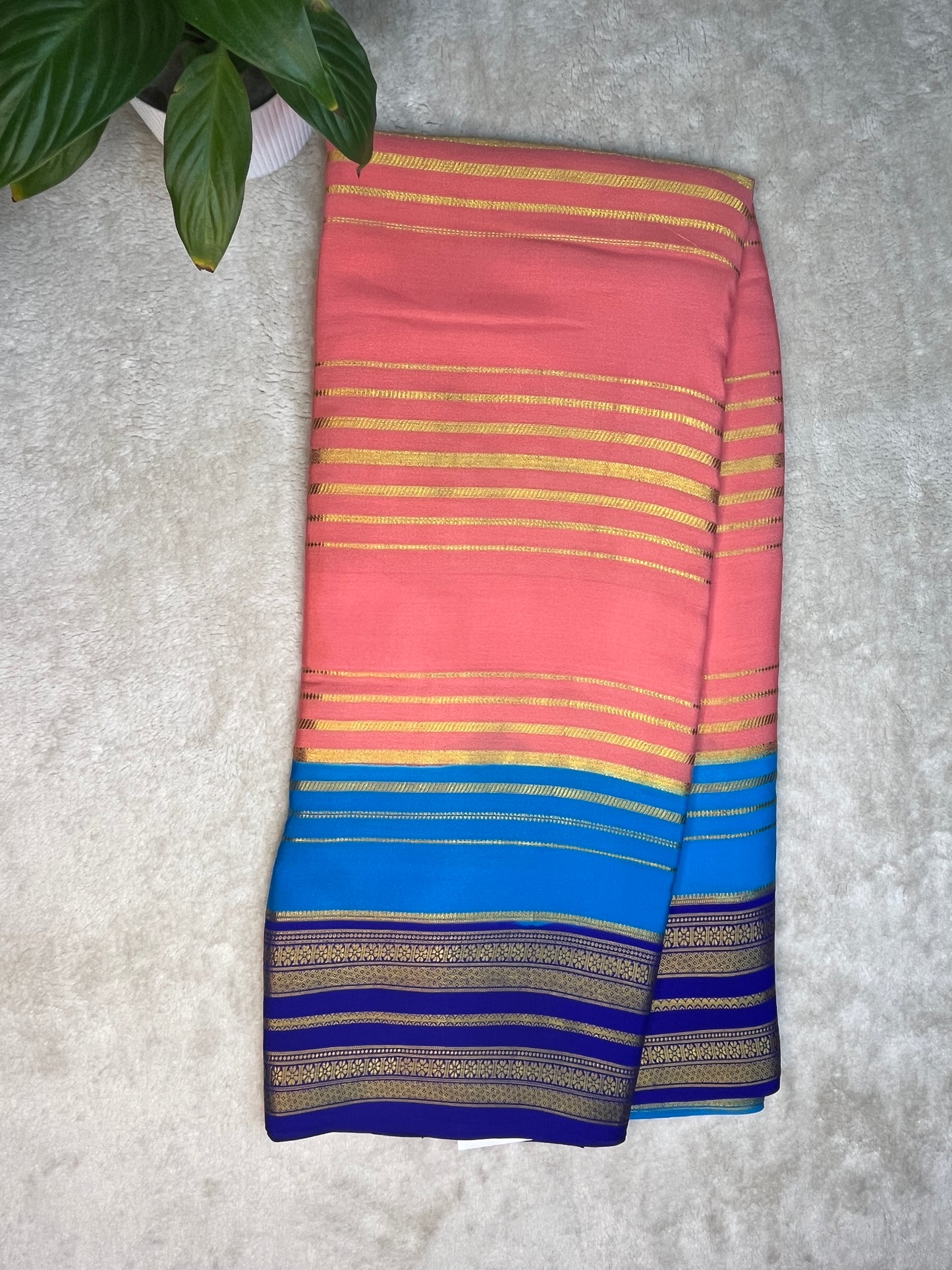Pure Crepe Mysore Silk Saree In 3D Shadeds With Navy Blue , and Pink With Contrast Blue Blouse