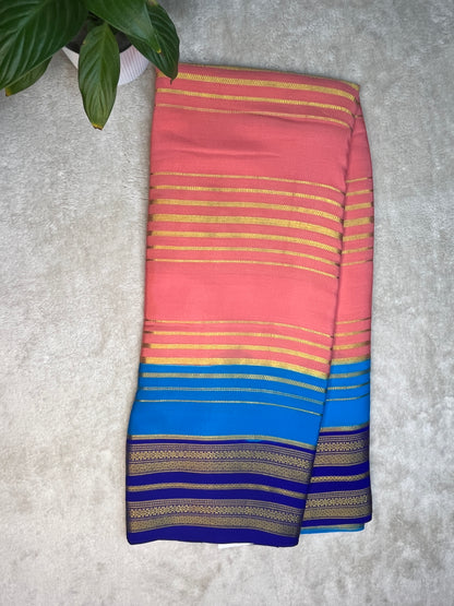 Pure Crepe Mysore Silk Saree In 3D Shadeds With Navy Blue , and Pink With Contrast Blue Blouse