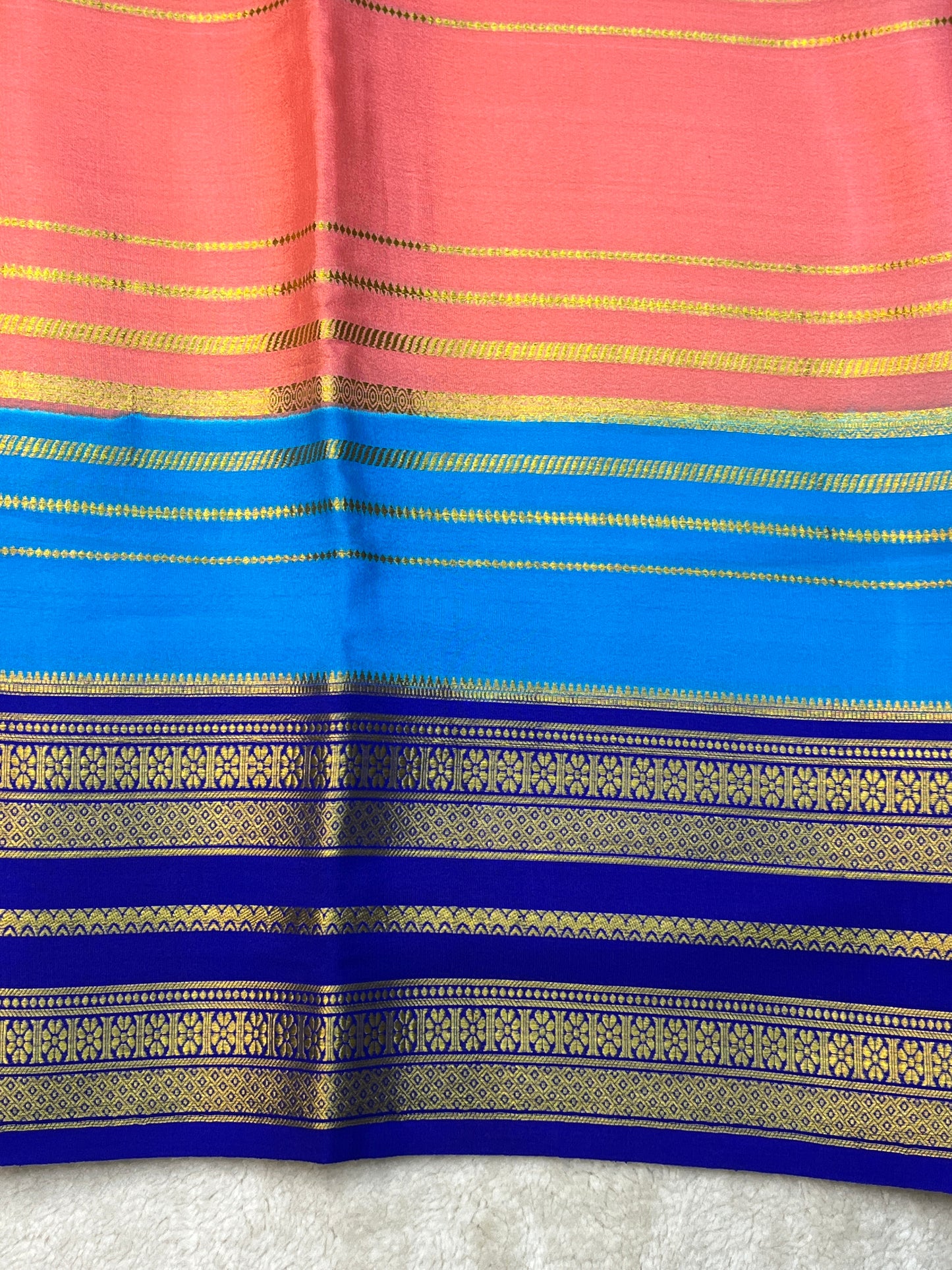 Pure Crepe Mysore Silk Saree In 3D Shadeds With Navy Blue , and Pink With Contrast Blue Blouse