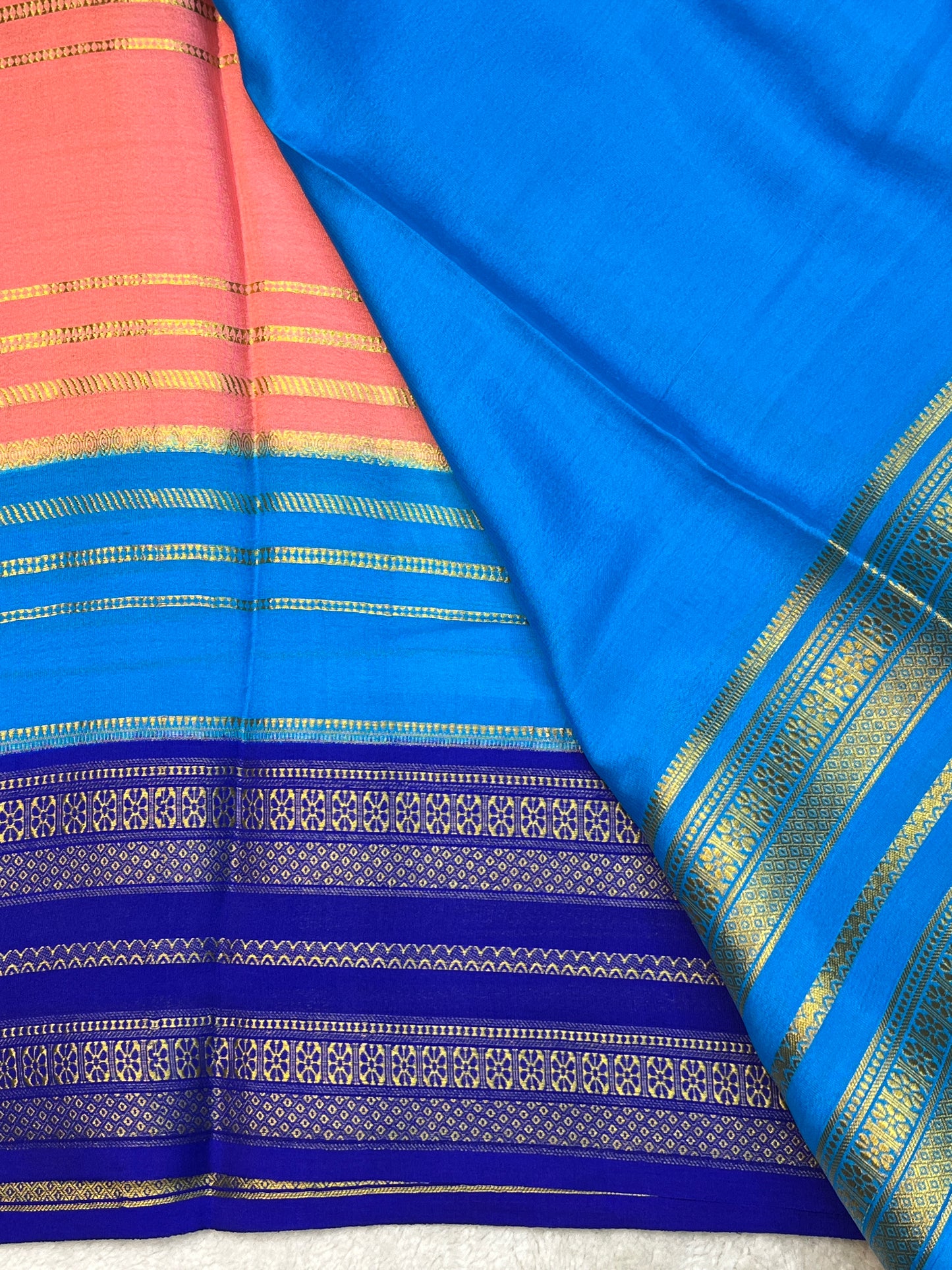 Pure Crepe Mysore Silk Saree In 3D Shadeds With Navy Blue , and Pink With Contrast Blue Blouse