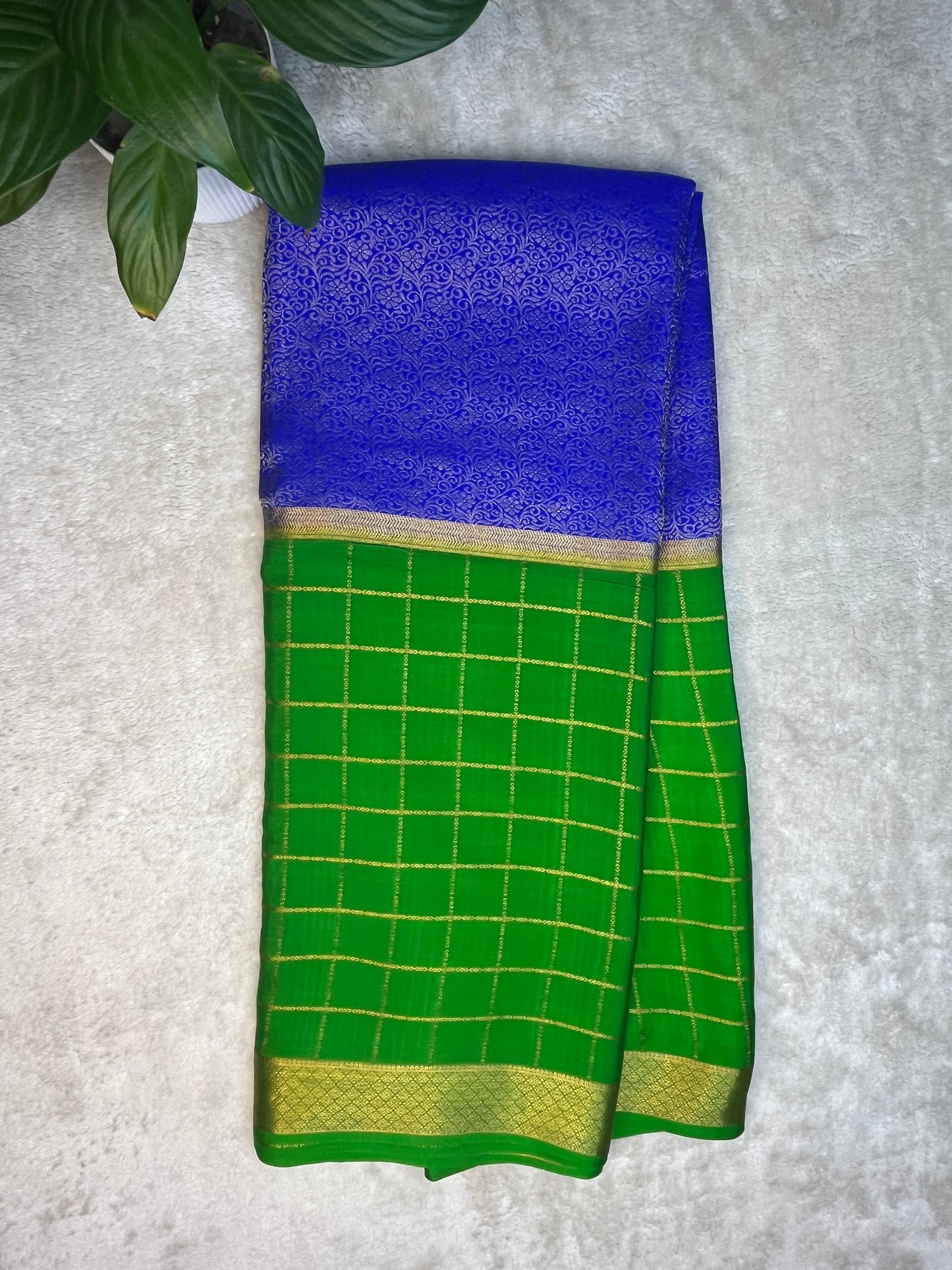 Pure Crepe Mysore Silk Saree In Shaded Mix Checks Royal Blue With Green Contrast Blouse