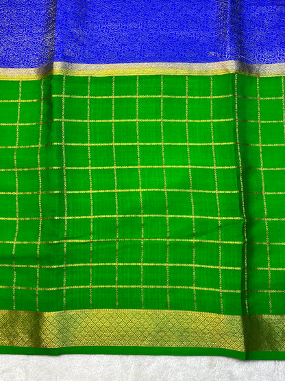 Pure Crepe Mysore Silk Saree In Shaded Mix Checks Royal Blue With Green Contrast Blouse