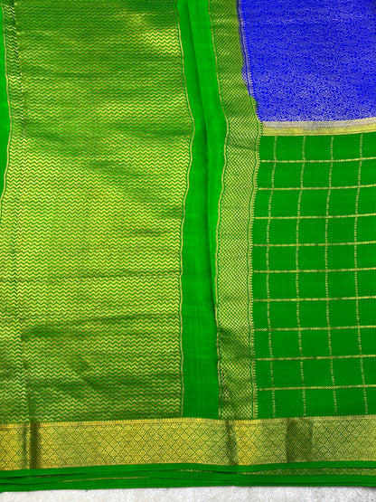 Pure Crepe Mysore Silk Saree In Shaded Mix Checks Royal Blue With Green Contrast Blouse