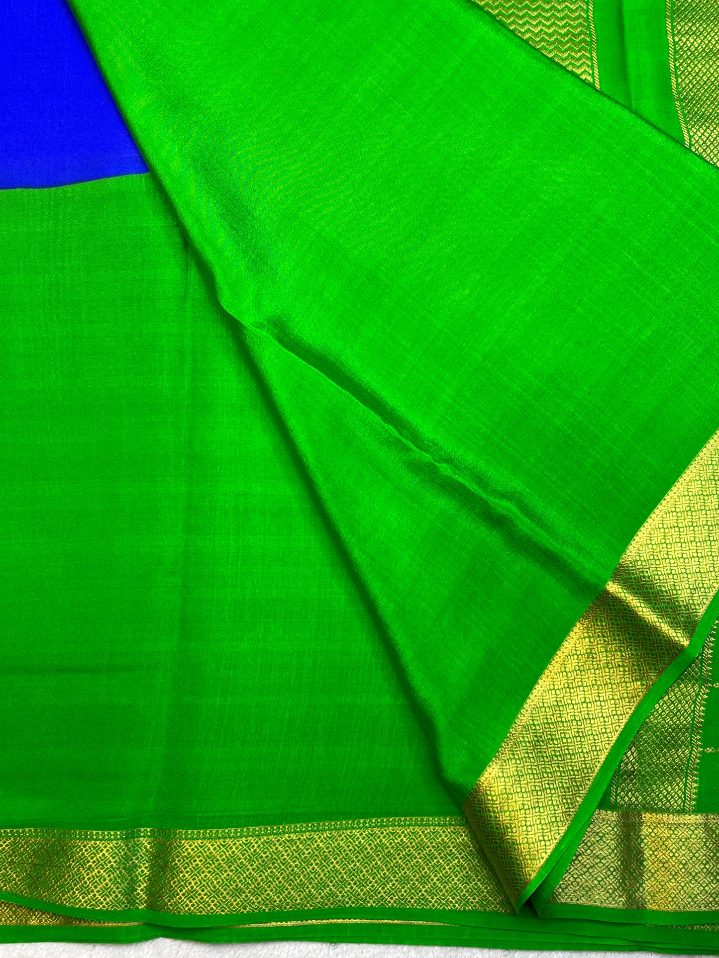 Pure Crepe Mysore Silk Saree In Shaded Mix Checks Royal Blue With Green Contrast Blouse