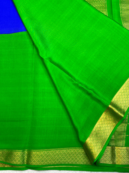 Pure Crepe Mysore Silk Saree In Shaded Mix Checks Royal Blue With Green Contrast Blouse