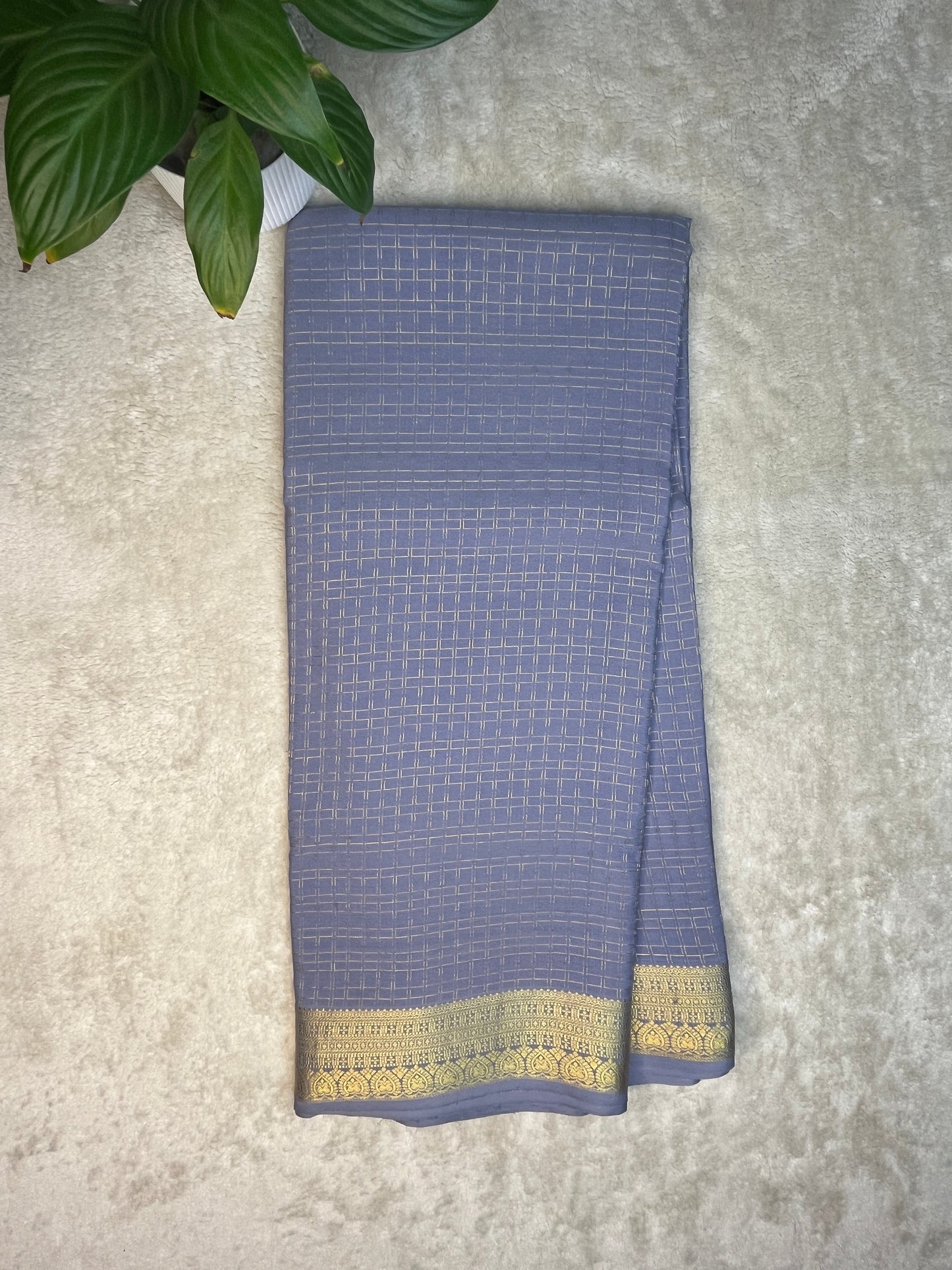 Pure Mysore Silk Saree Heavy Mungi Checks With Grey Butta Mix Checks Border In Self Blouse