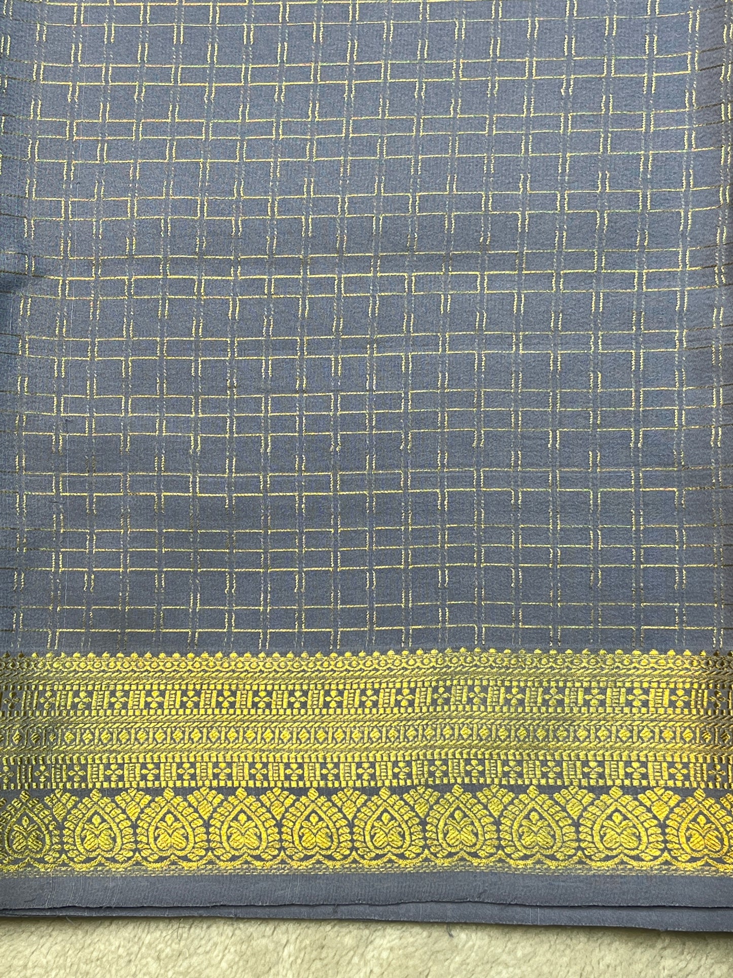 Pure Mysore Silk Saree Heavy Mungi Checks With Grey Butta Mix Checks Border In Self Blouse
