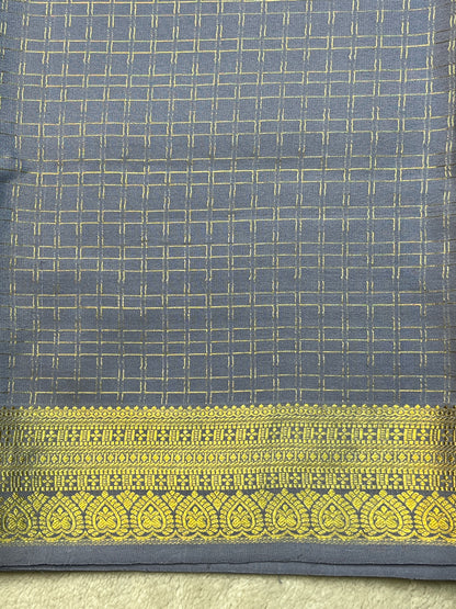 Pure Mysore Silk Saree Heavy Mungi Checks With Grey Butta Mix Checks Border In Self Blouse