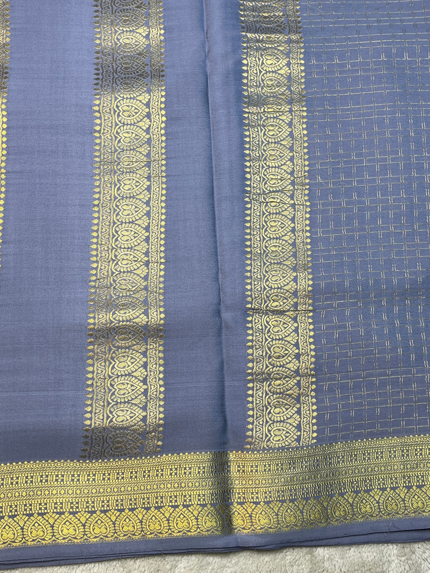 Pure Mysore Silk Saree Heavy Mungi Checks With Grey Butta Mix Checks Border In Self Blouse
