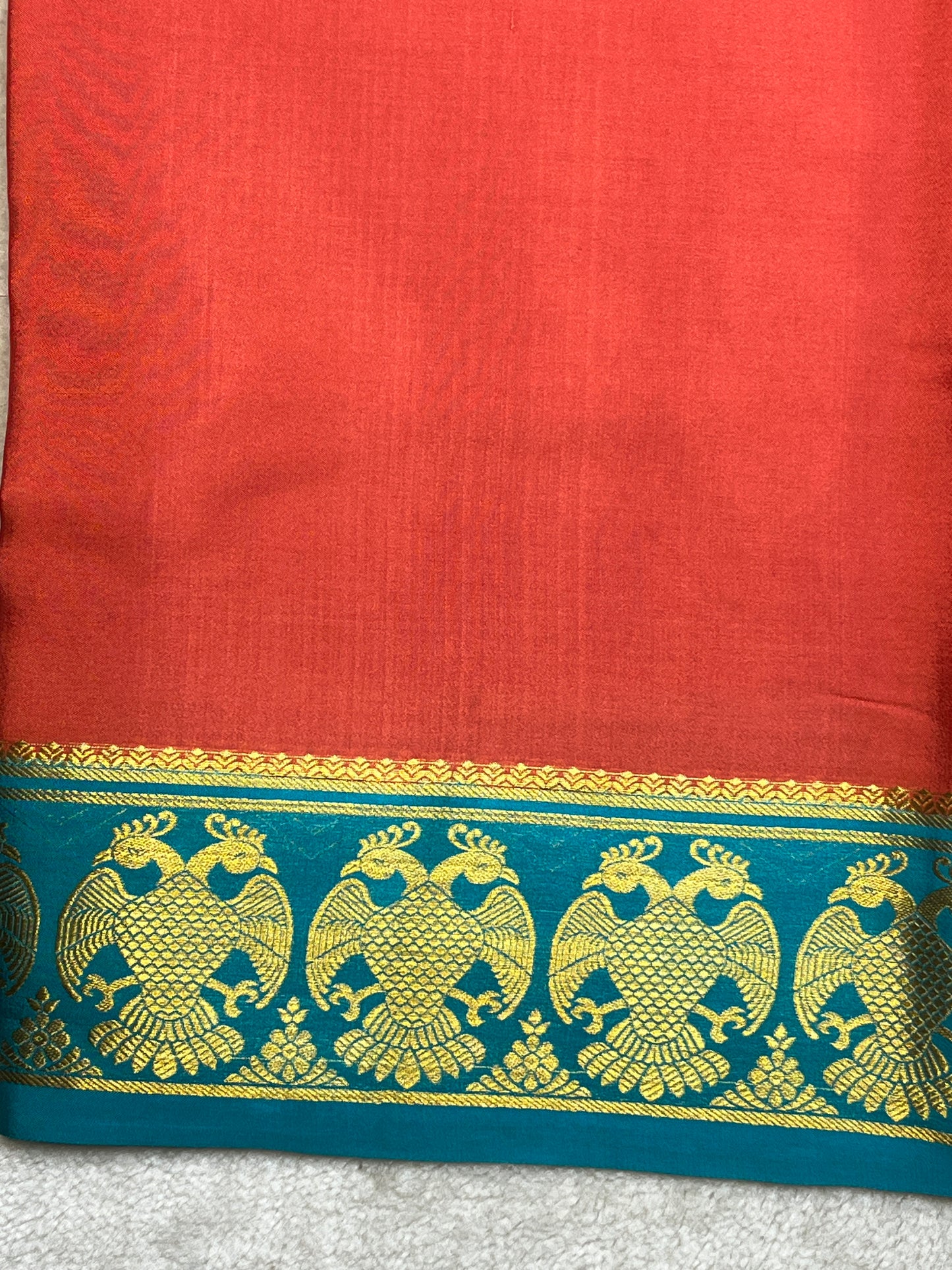 Pure Mysore Silk Gandaberunda Border In Light Pink With Teal Blue Contrast Blouse
