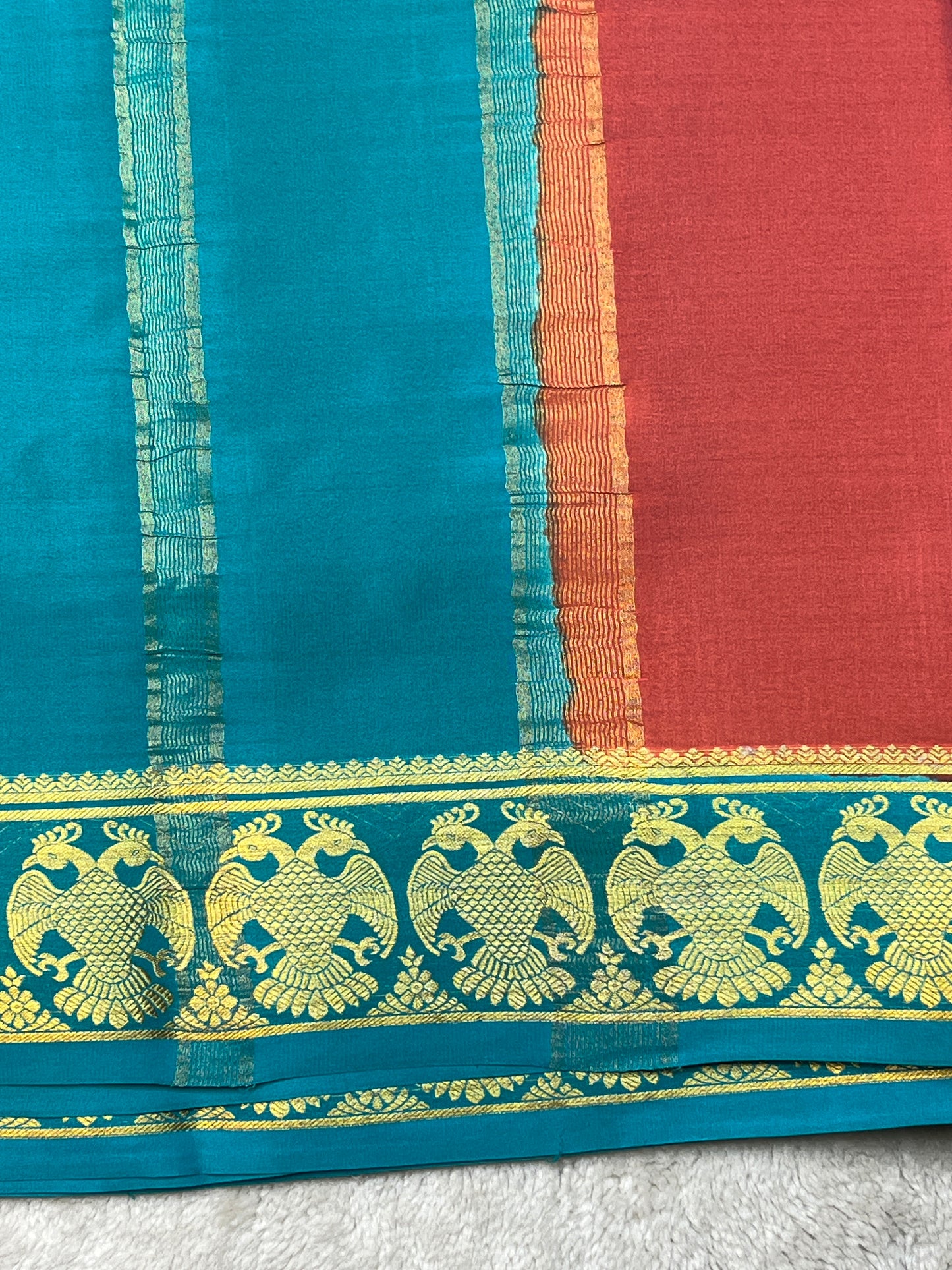 Pure Mysore Silk Gandaberunda Border In Light Pink With Teal Blue Contrast Blouse