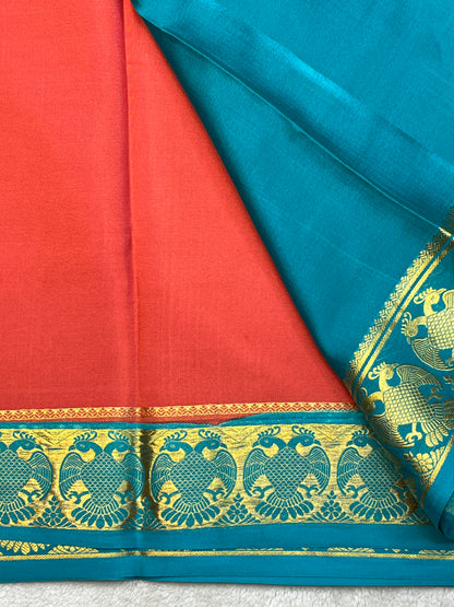 Pure Mysore Silk Gandaberunda Border In Light Pink With Teal Blue Contrast Blouse