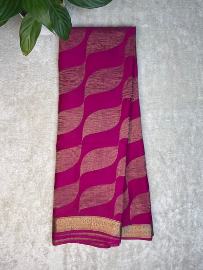 Pure Crepe Mysore Silk Saree In  Diamond Crush Brocade With Pink Self Blouse