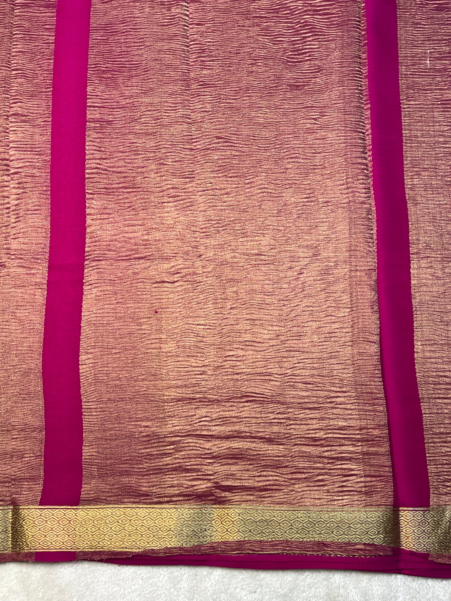 Pure Crepe Mysore Silk Saree In  Diamond Crush Brocade With Pink Self Blouse