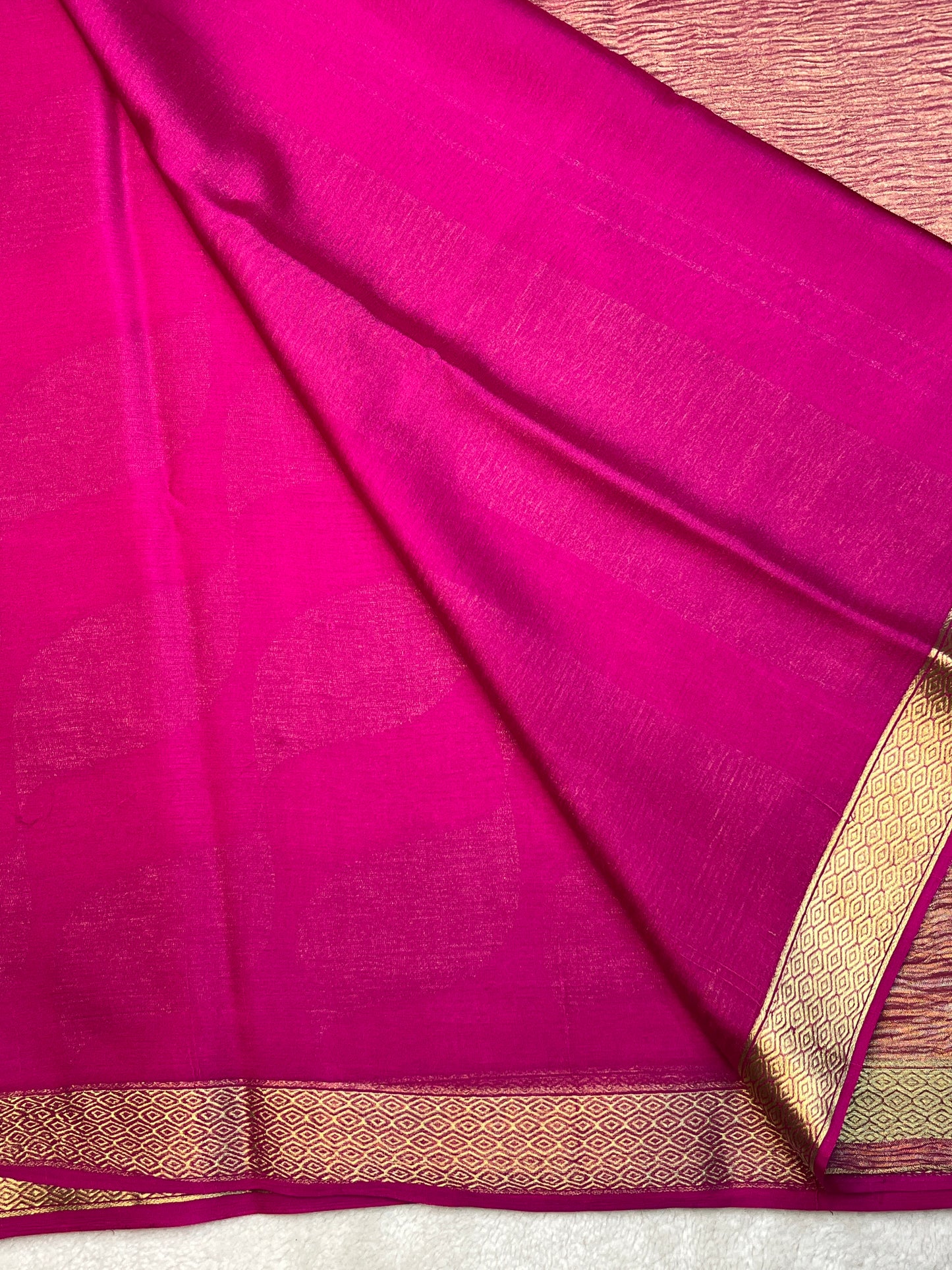 Pure Crepe Mysore Silk Saree In  Diamond Crush Brocade With Pink Self Blouse