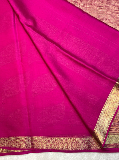 Pure Crepe Mysore Silk Saree In  Diamond Crush Brocade With Pink Self Blouse