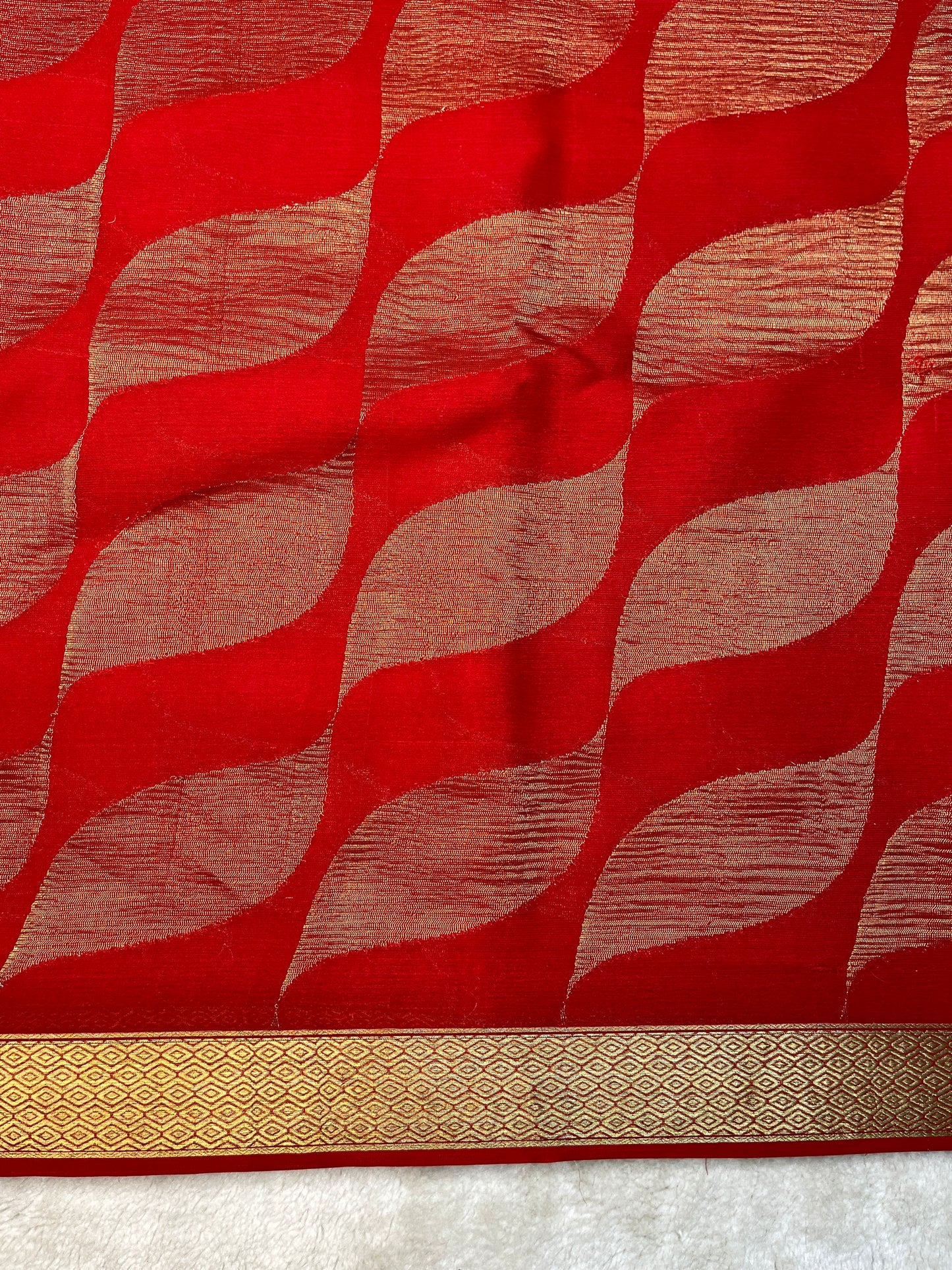 Pure Crepe Mysore Silk Saree In  Diamond Crush Brocade With Orange Self Blouse