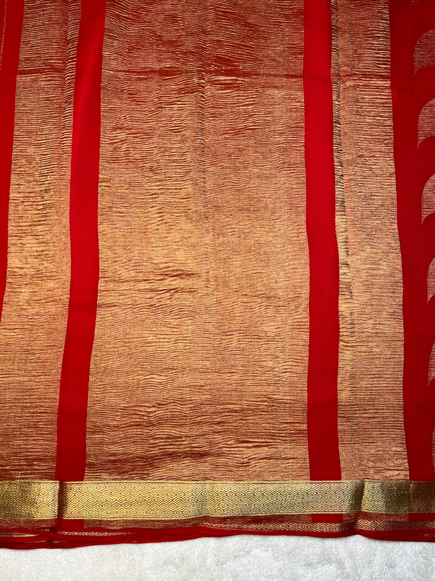 Pure Crepe Mysore Silk Saree In  Diamond Crush Brocade With Orange Self Blouse
