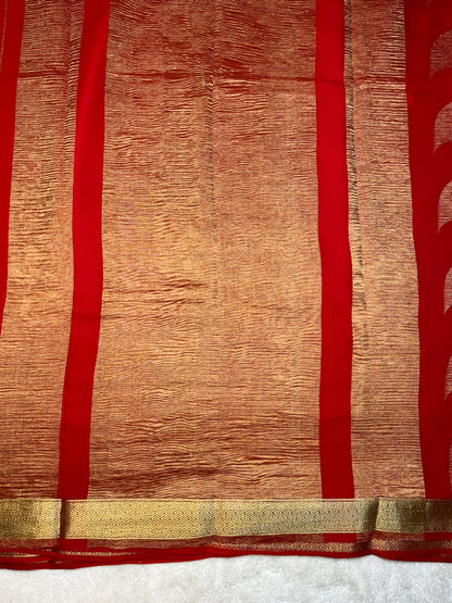 Pure Crepe Mysore Silk Saree In  Diamond Crush Brocade With Orange Self Blouse